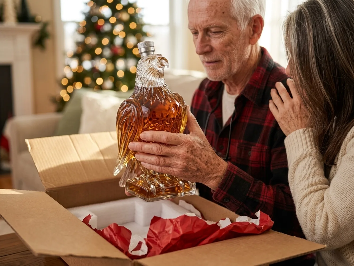 An older man lifting a glass eagle decanter out of Christmas wrapping