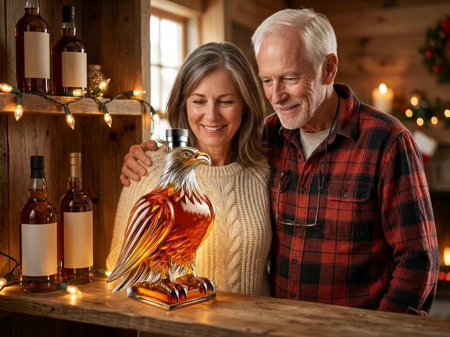 A daughter and her father looking at the eagle decanter on a shelf