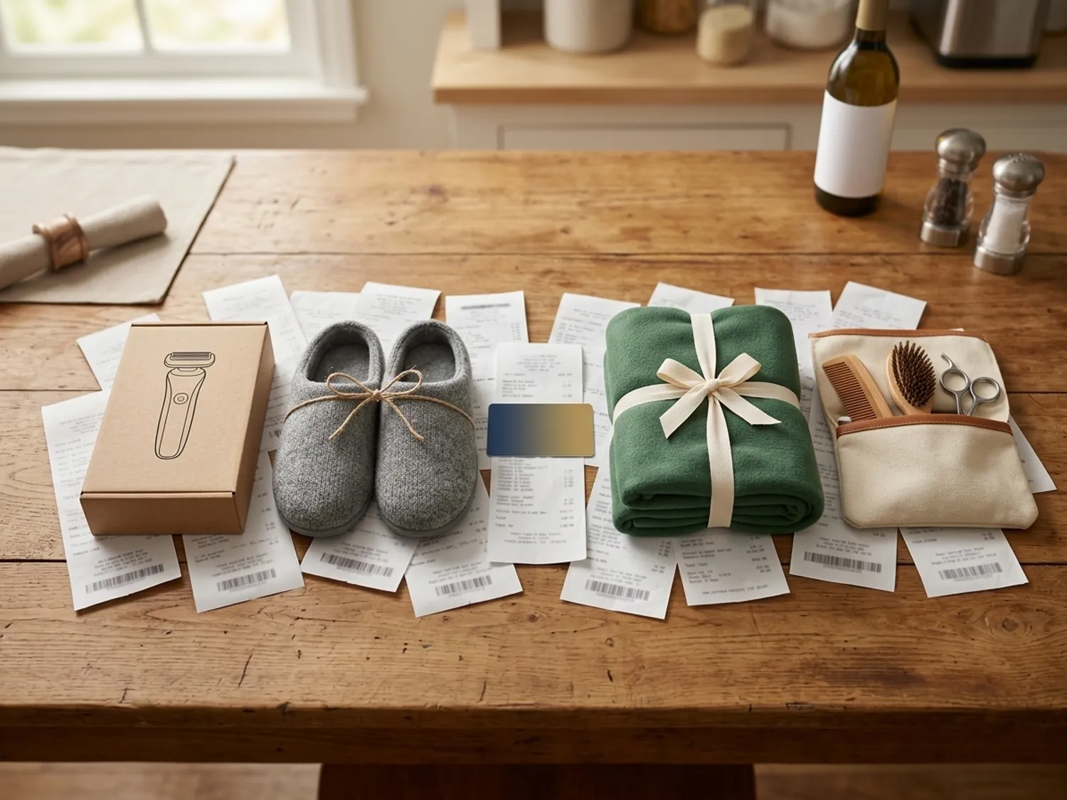 Receipts and unused gifts laid out on a kitchen table