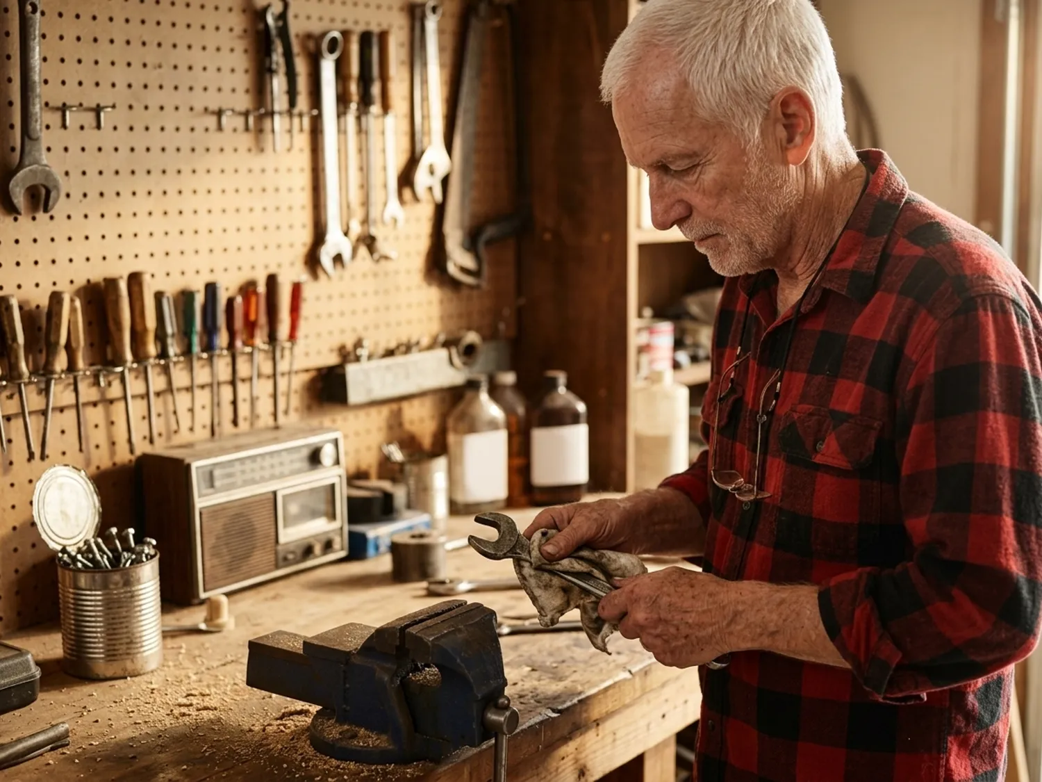 An old man's garage with hand tools on a pegboard