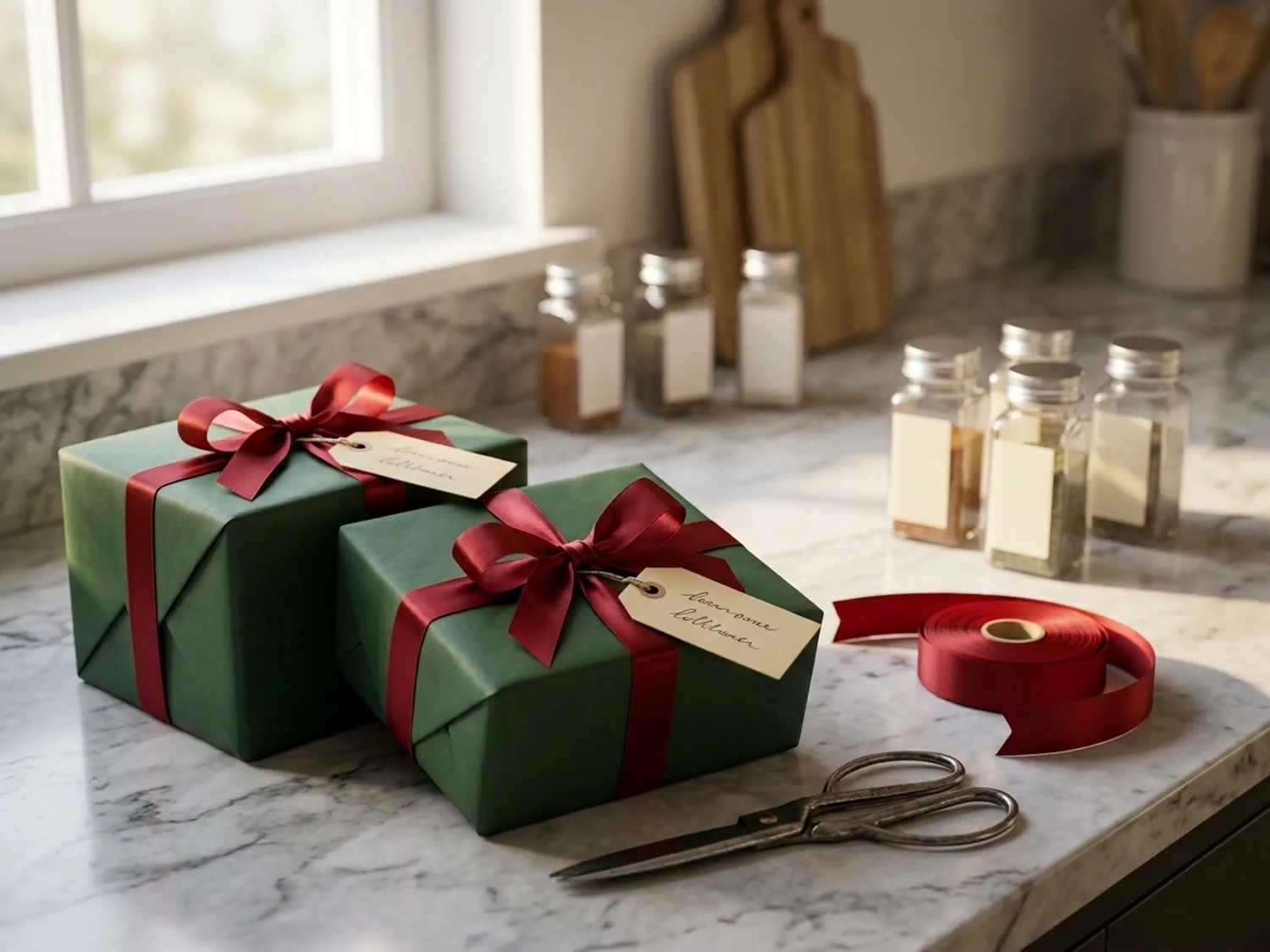 Two wrapped gift boxes side by side on a kitchen counter
