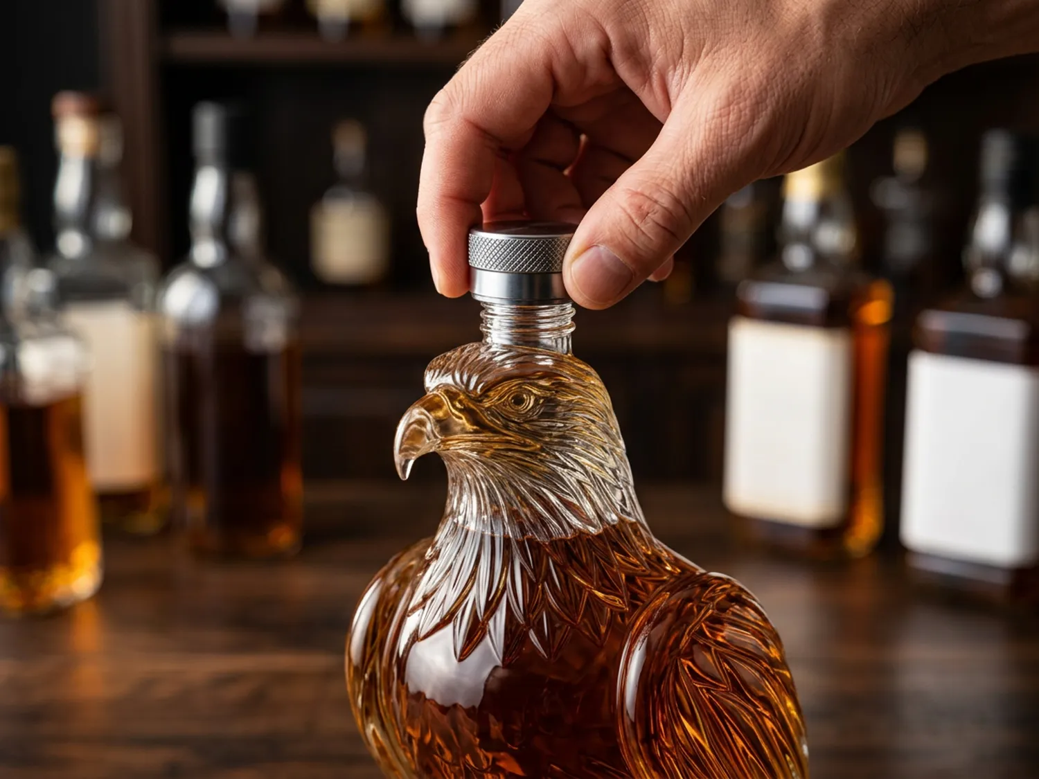 A hand screwing the silver cap onto the glass eagle