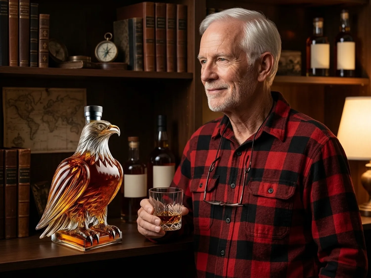 An older man at his den shelf holding a small glass next to the eagle decanter