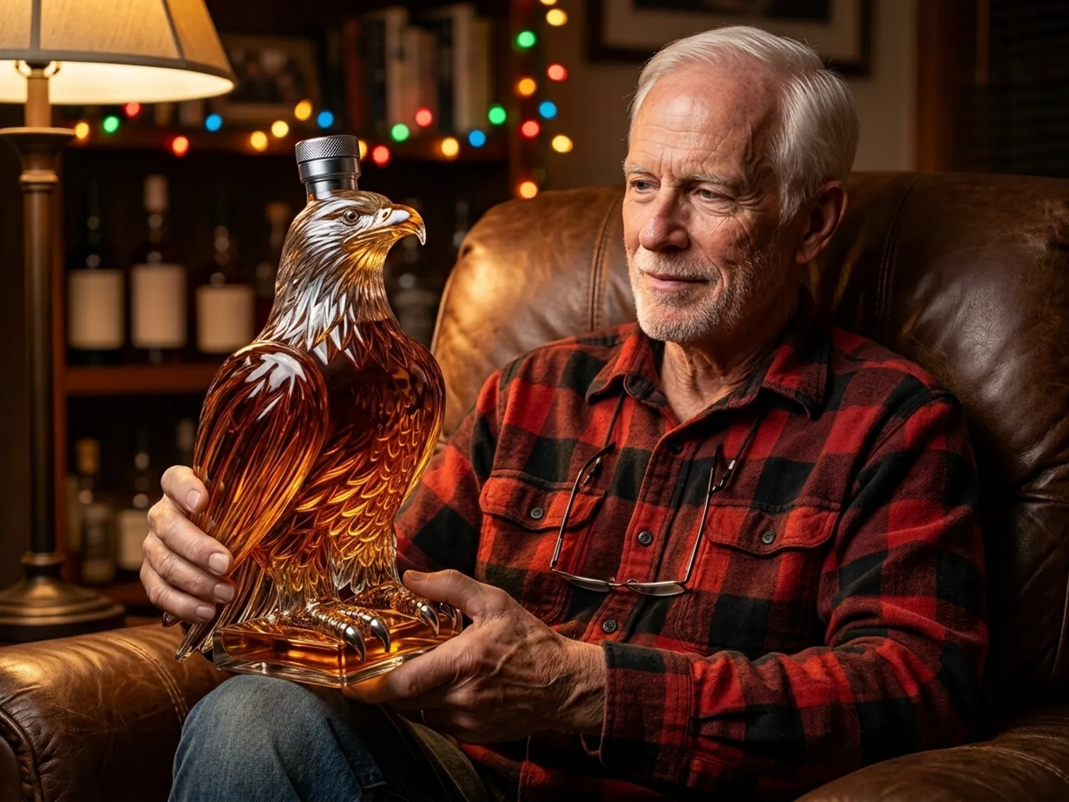 An older man in his recliner holding the eagle decanter