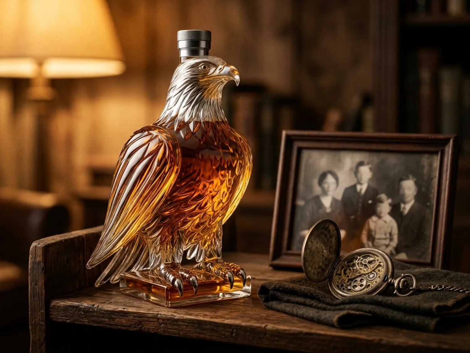 The eagle decanter on a shelf beside an old pocket watch and a family photo
